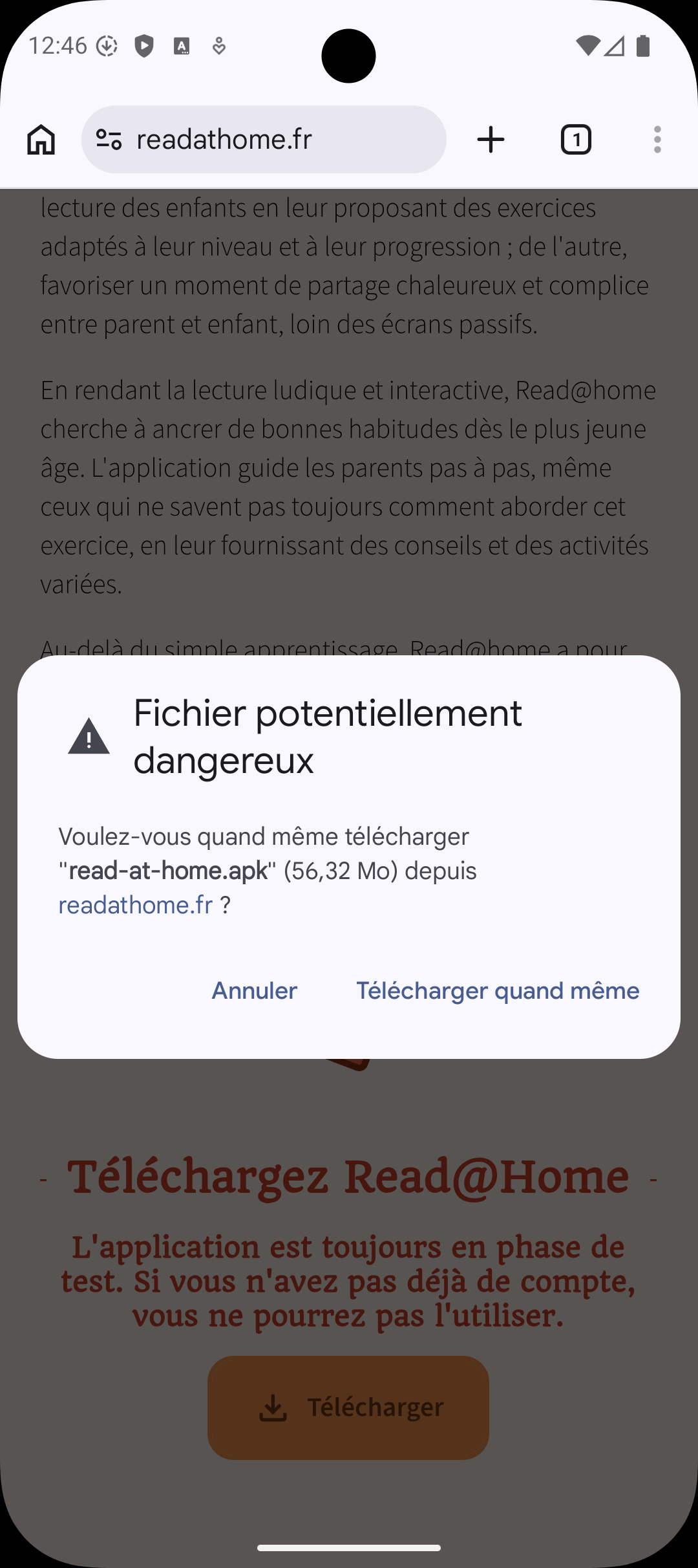 Avertissement fichier potentiellement dangereux