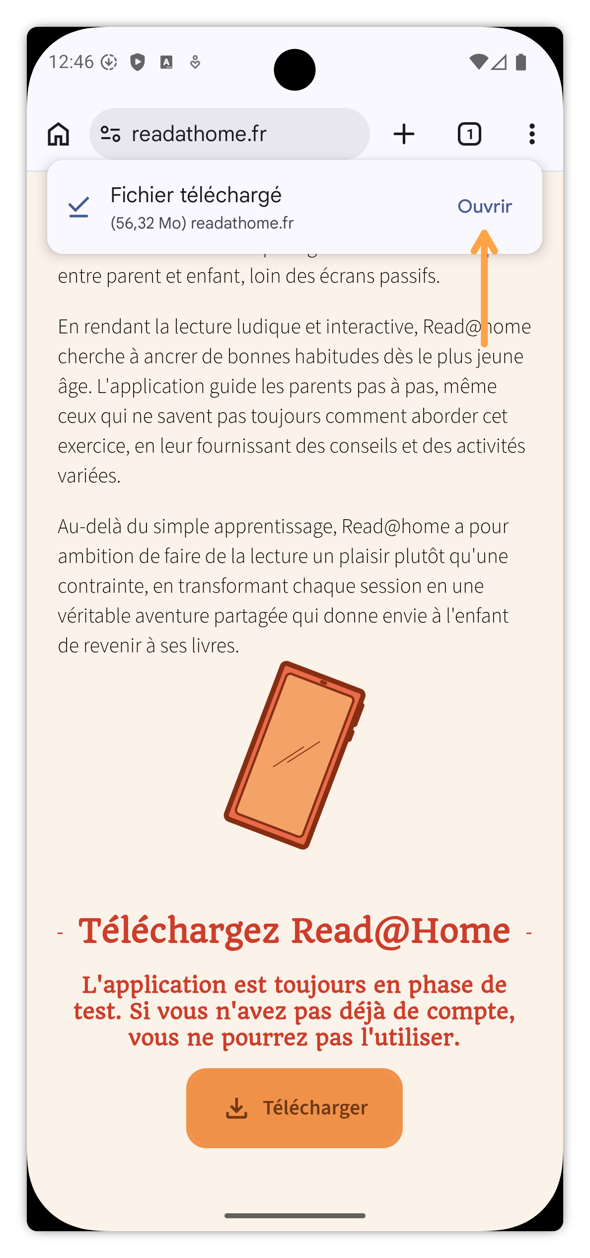 Notification fichier téléchargé avec bouton Ouvrir