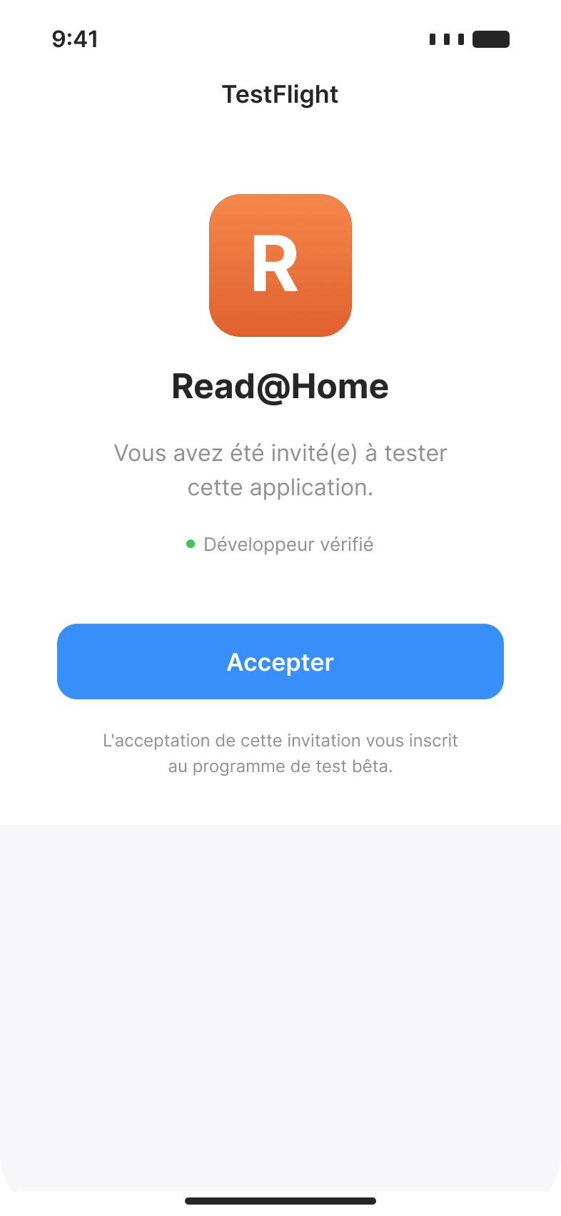 Invitation TestFlight — bouton Accepter