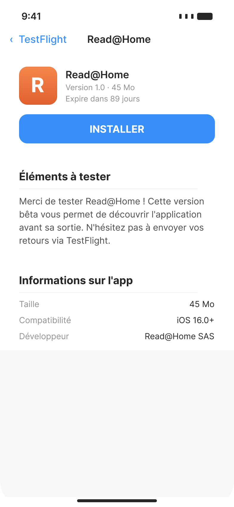 Bouton Installer dans TestFlight